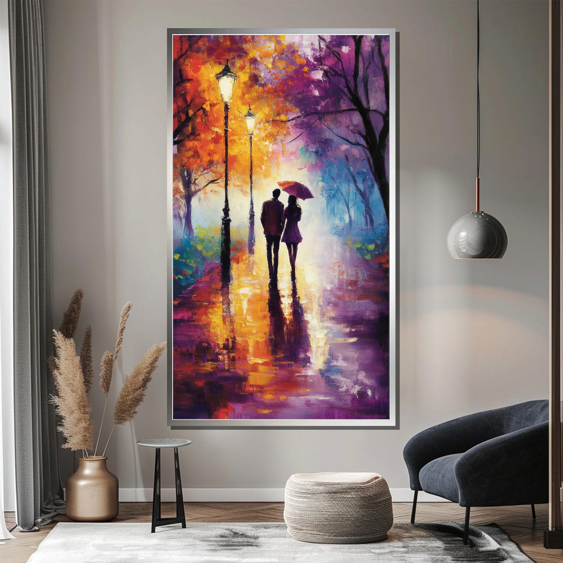 Romantic Rain Stroll Couple Sharing Umbrella Autumn Path Poster - Image 4