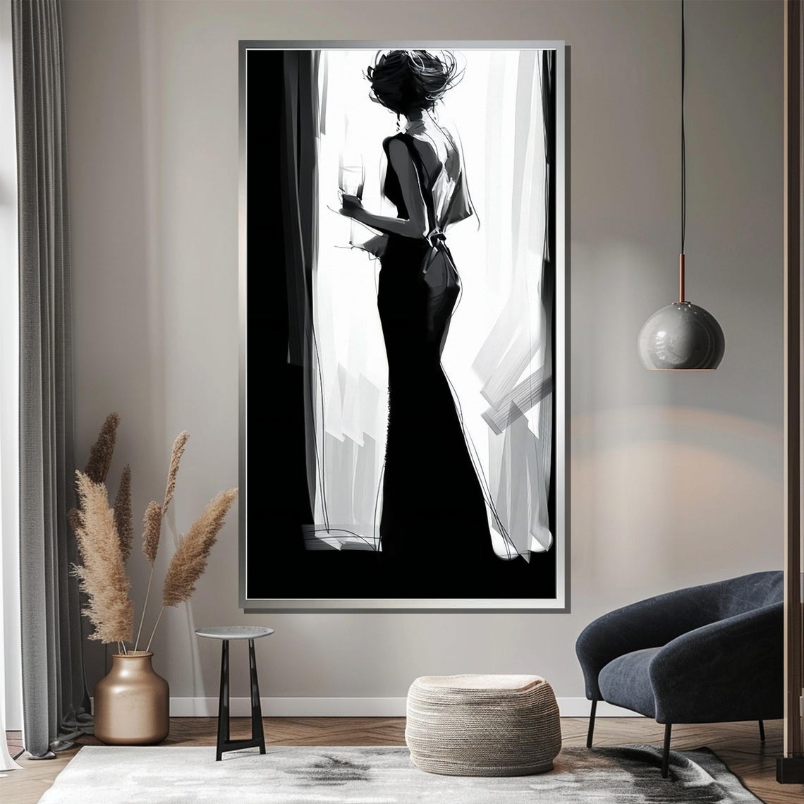 Minimalist Black White Woman Silhouette With Hat And Wine Poster - Image 4