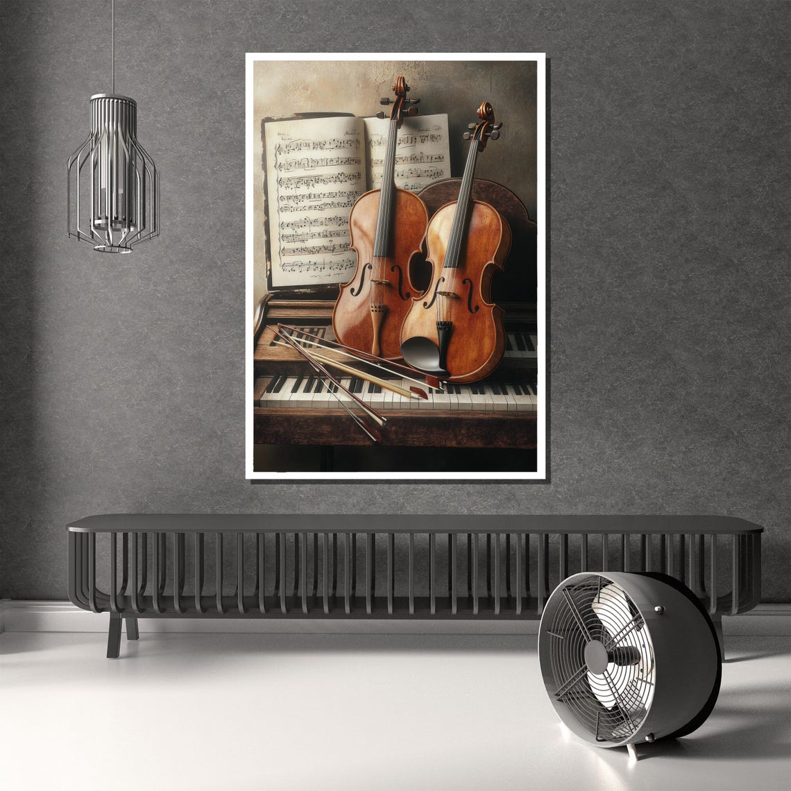 Two Violins Resting on Piano Keys Classical Still Life Art Poster - Image 2