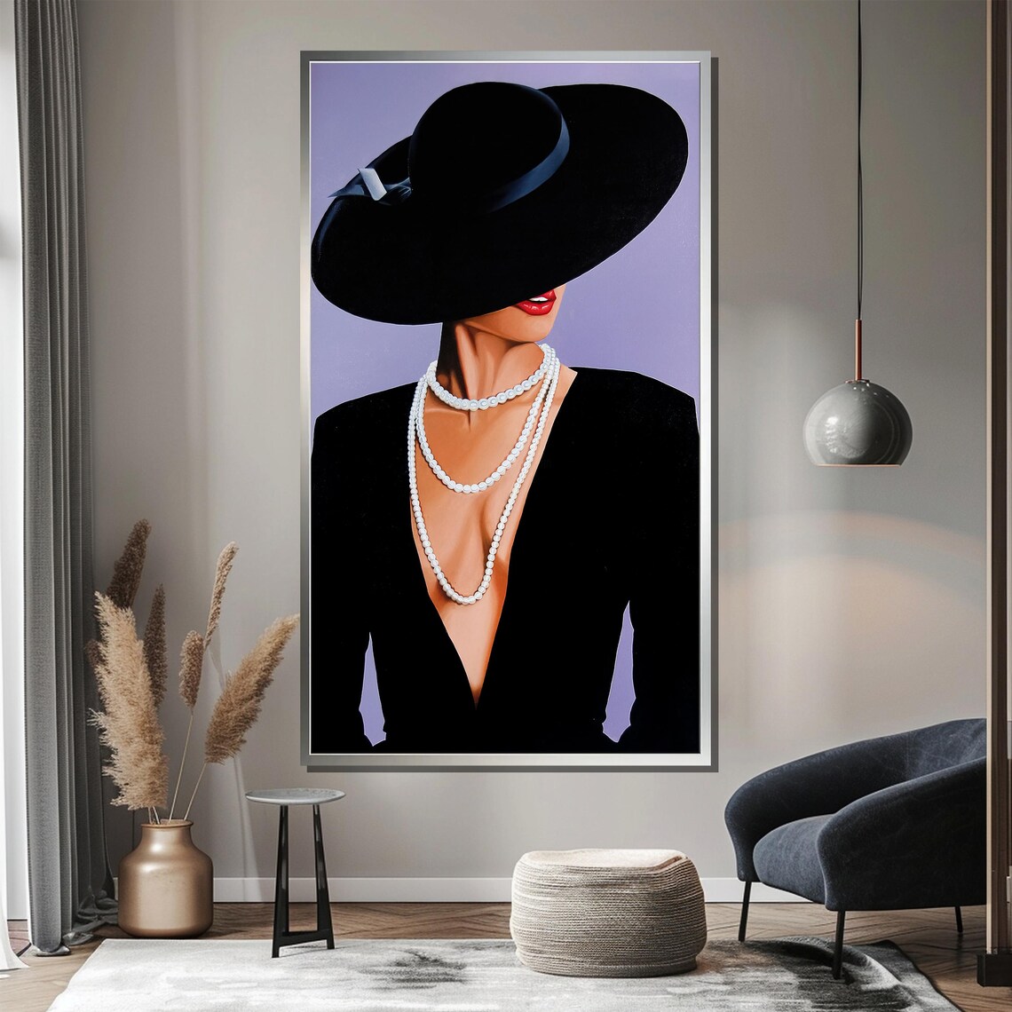 Elegant Woman In Black Hat Pearls And Dress On Lavender Poster - Image 4