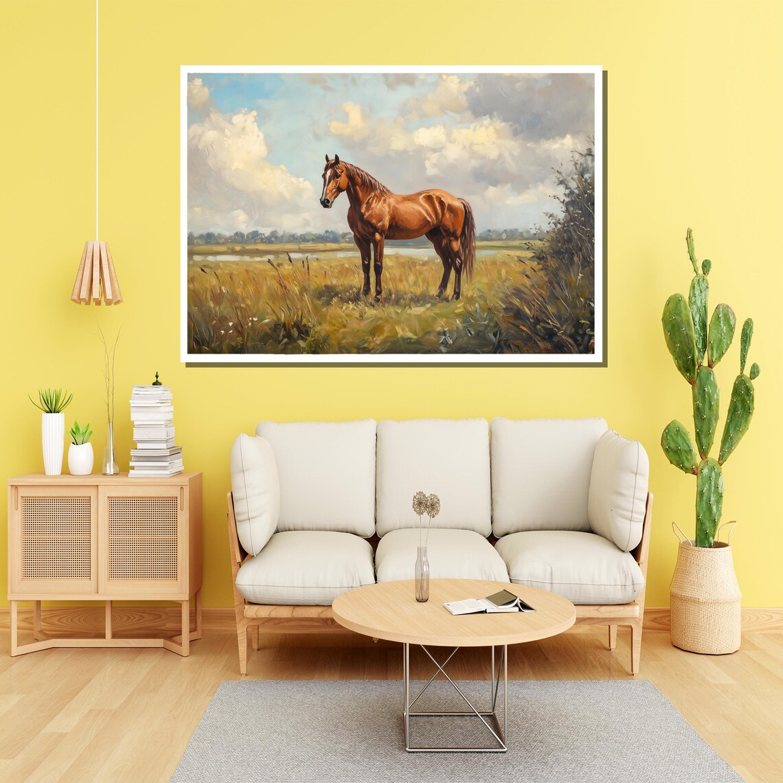 Chestnut Horse Standing In Golden Meadow Cloudy Sky Vintage Poster - Image 2
