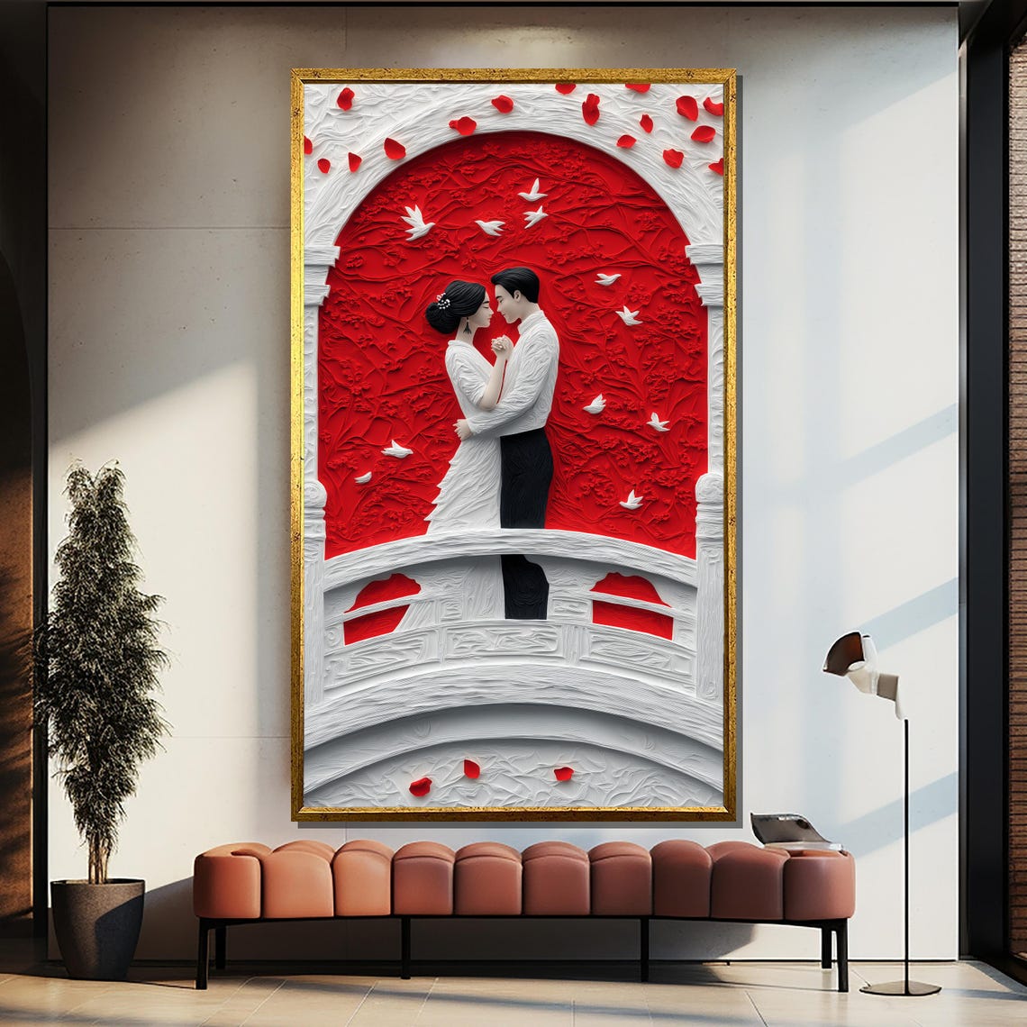 Romantic Red Bridge Painting Couple Wall Art Modern Wedding Decor Large Love Themed Artwork Anniversary Gift Idea