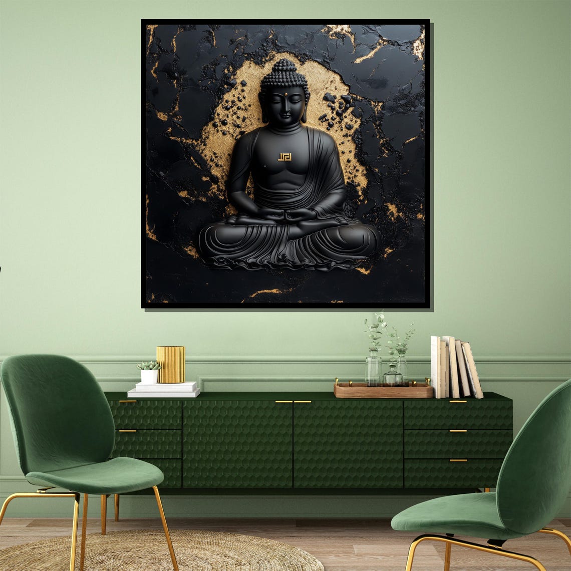 Black Buddha 3D Relief Sculpture on Gold Cracked Marble Poster - Image 4