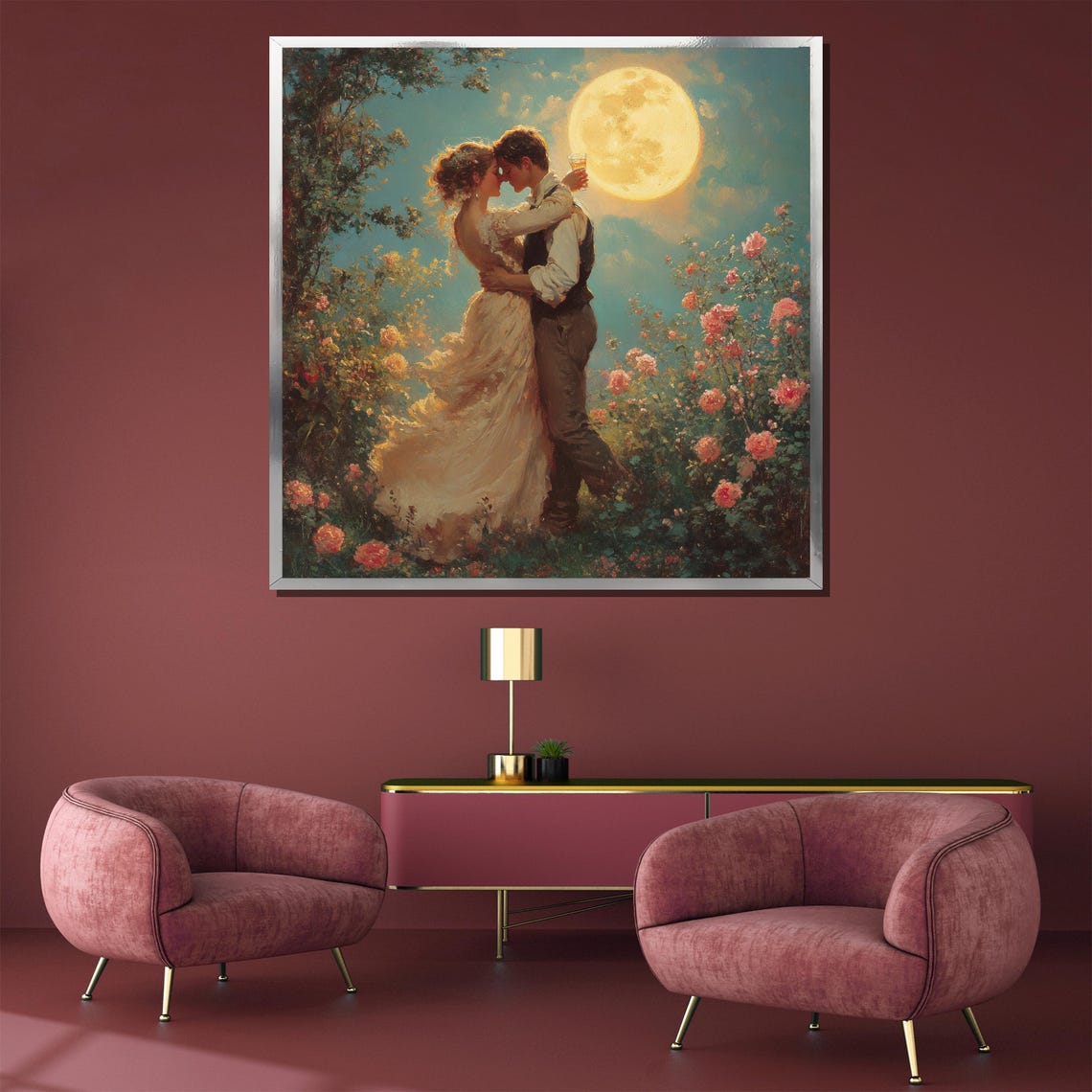 Romantic Couple Under Moonlight Blooming Floral Garden Art Poster - Image 4