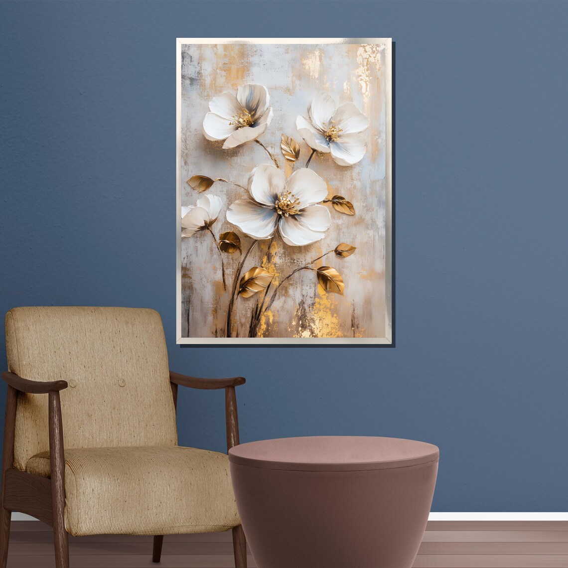 White Flowers Gold Leaf Floral Painting Luxurious Bedroom Wall Poster - Image 4