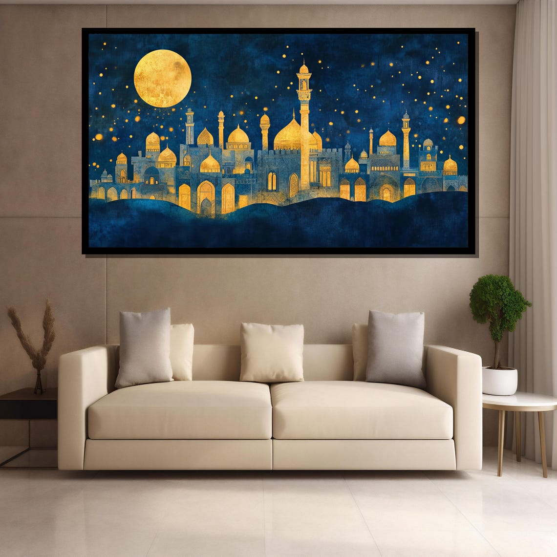 Golden Mosque Domes and Minarets Under Full Moon Night Sky Poster - Image 4