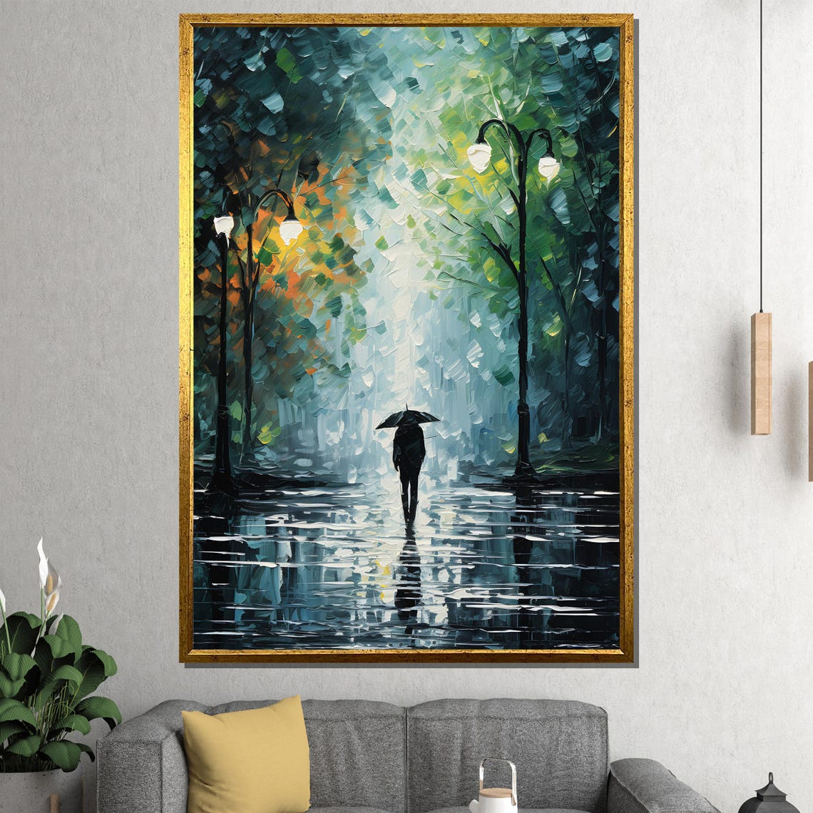 Solitary Umbrella Figure Walking A Rainy Teal Park Avenue Poster
