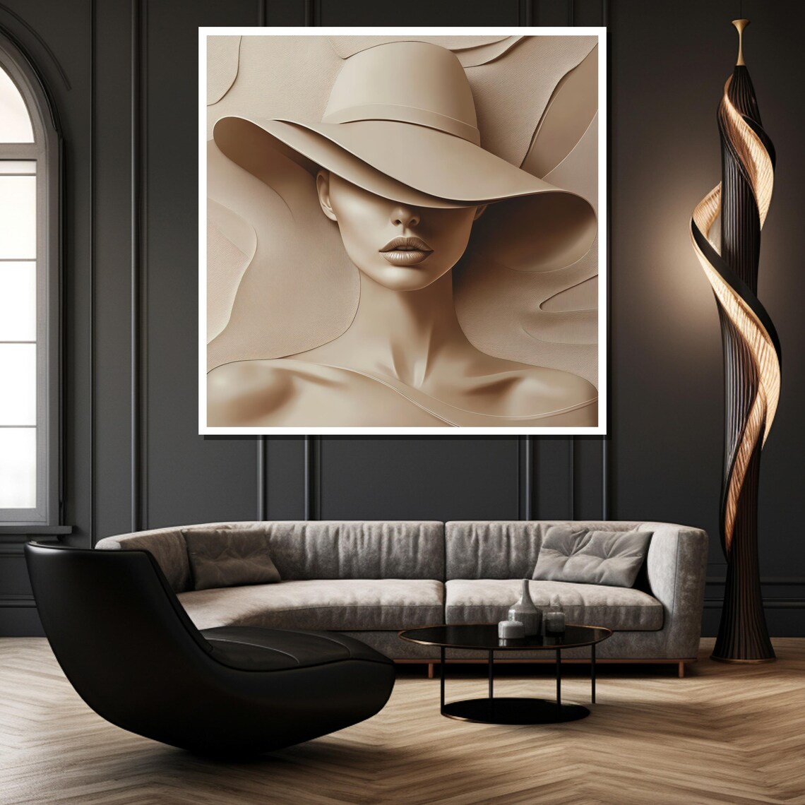 Neutral Beige Sculpted Woman Portrait With Wide Brim Hat Poster - Image 3