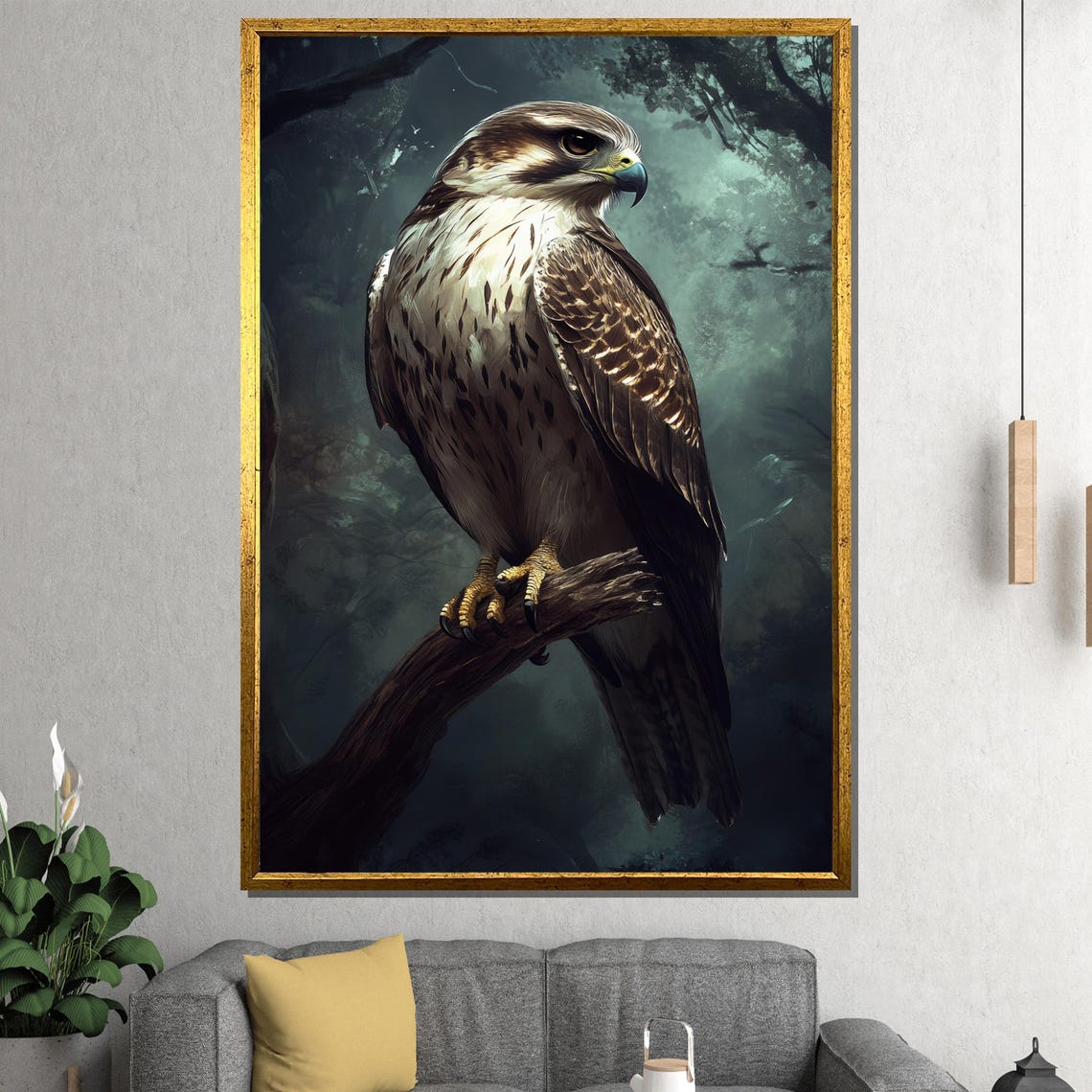 Falcon Perched on a Bare Branch in a Moody Dark Forest Poster