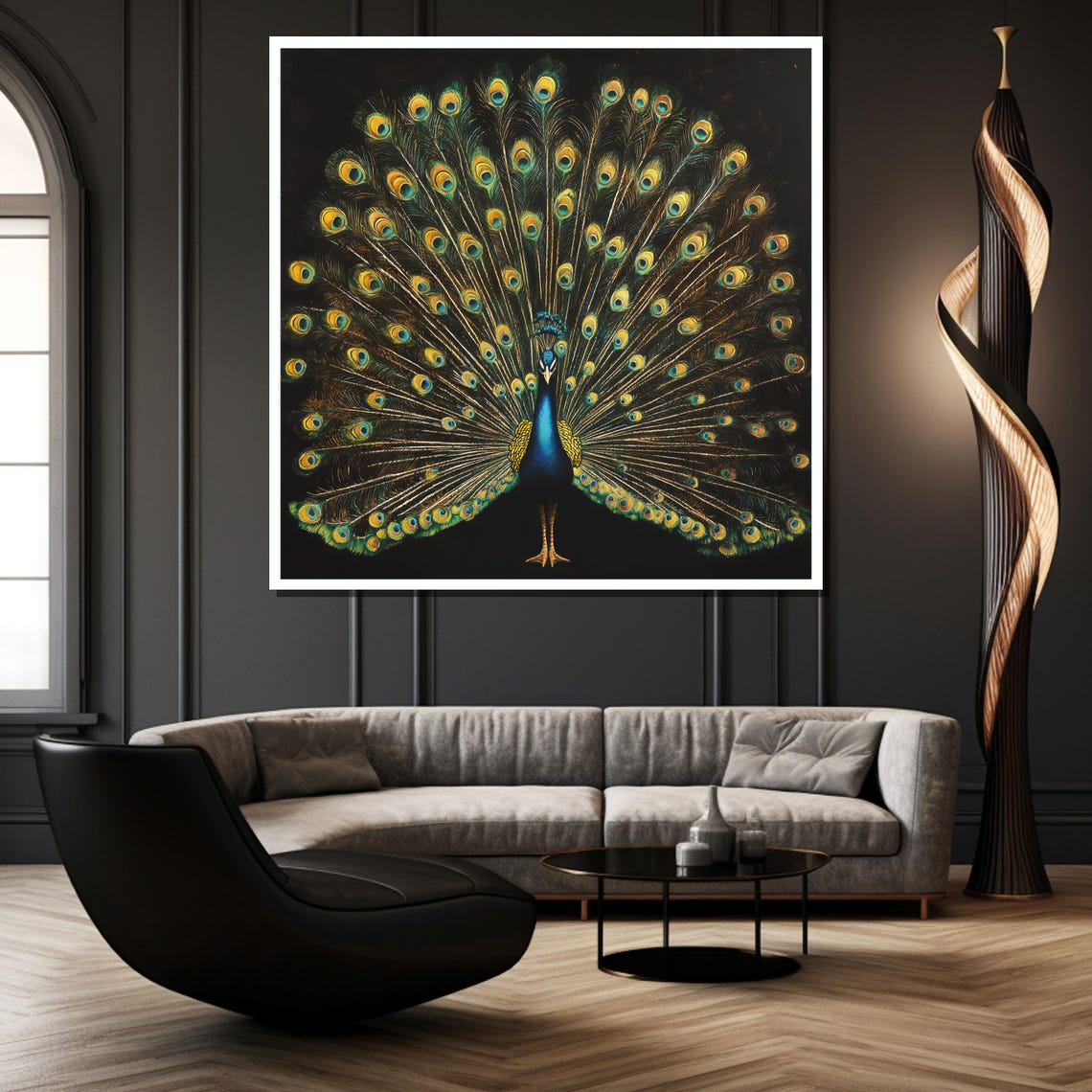 Majestic Peacock Tail Display Dark Background Elegant Poster - Image 2