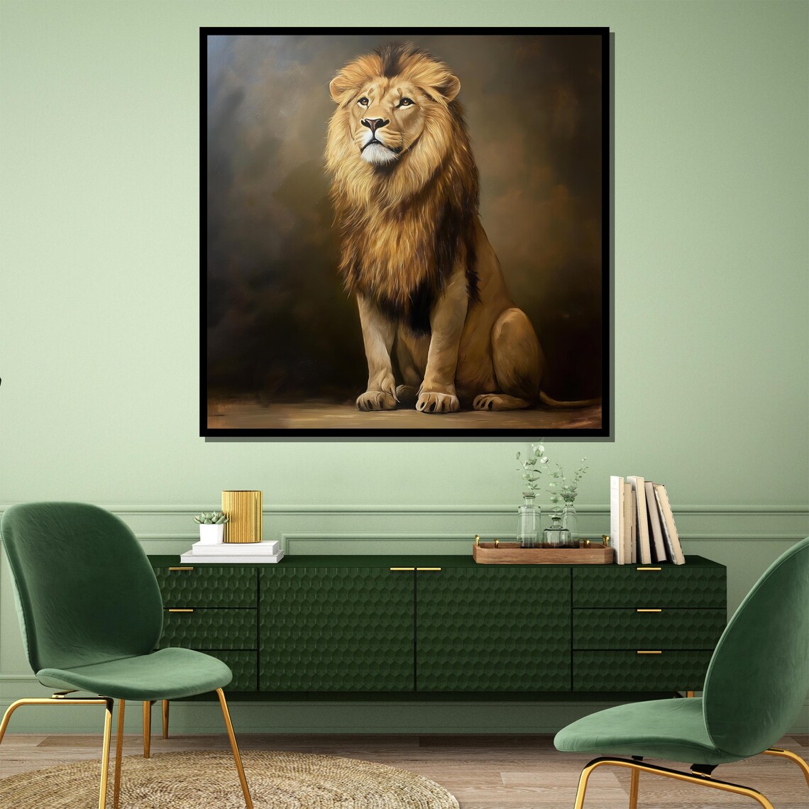 Majestic Seated Lion in a Regal Smoky Gray Portrait Wall Poster - Image 4