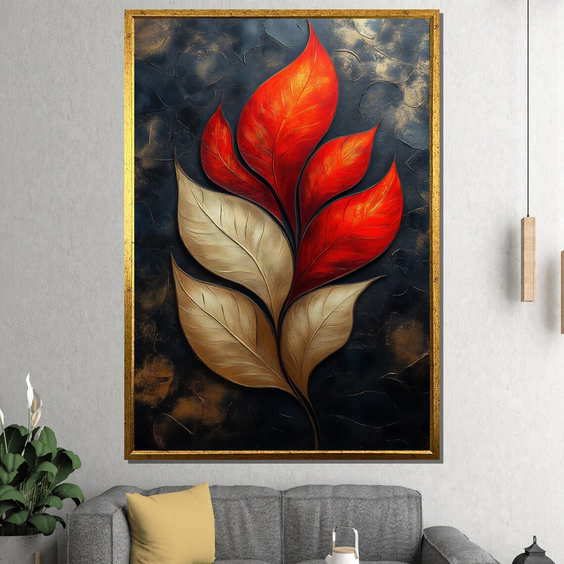 Fiery Red And Gold Leaf Flames On Dark Moody Textured Art Poster