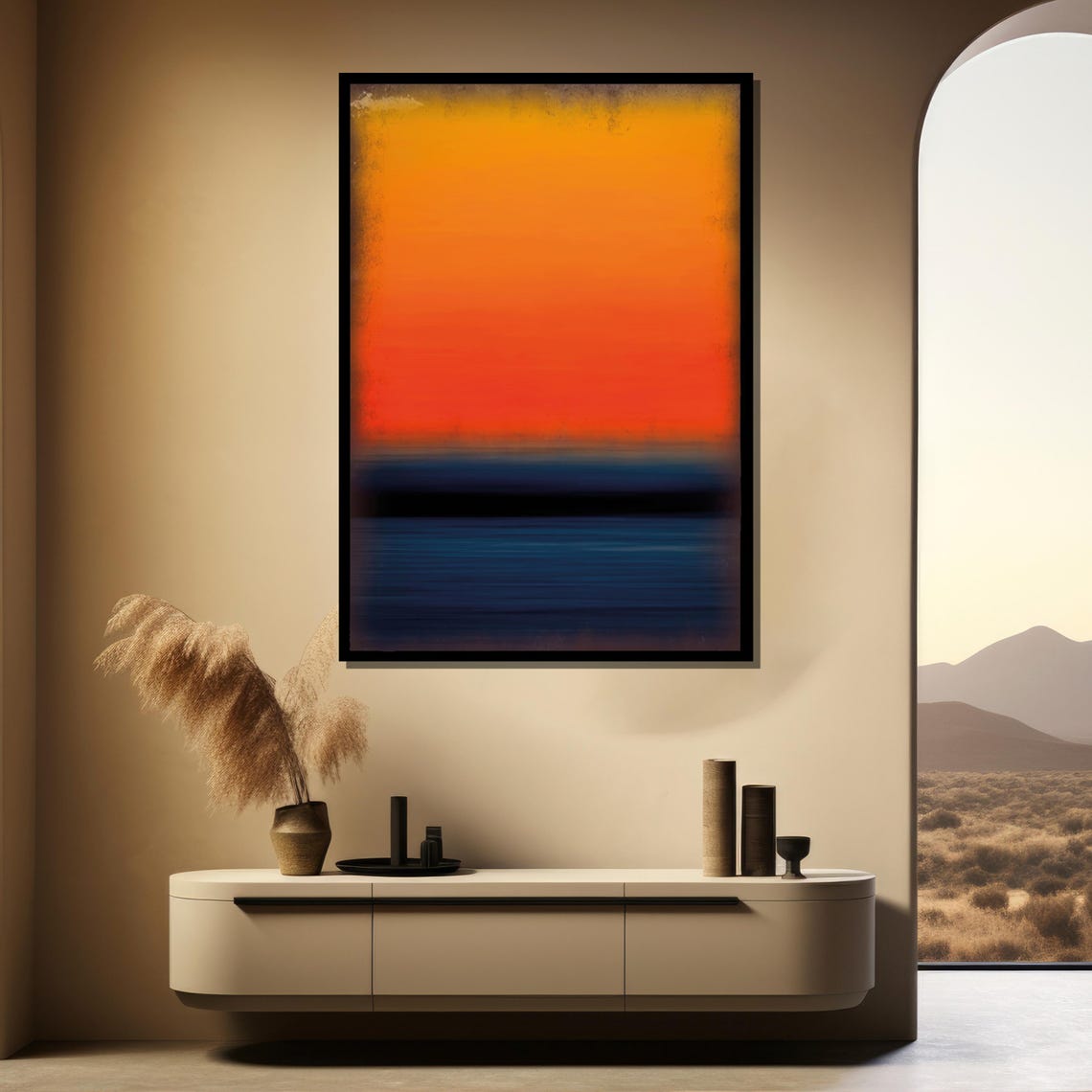 Vibrant Orange Sunset Over Deep Blue Sea Abstract Horizon Poster