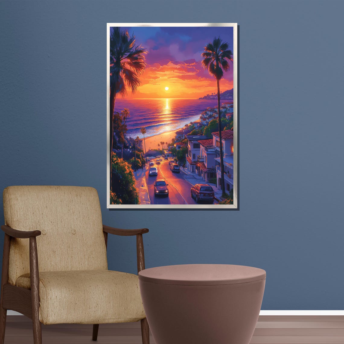 Coastal Beach Town Sunset Street With Palm Trees Ocean Art Poster - Image 3