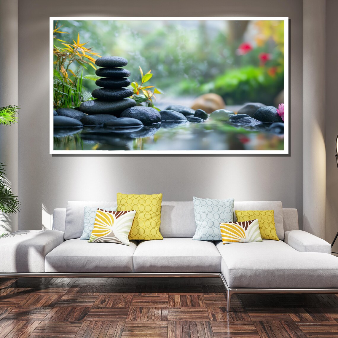 Stacked Dark Zen Stones by the Water in a Lush Garden Poster - Image 2
