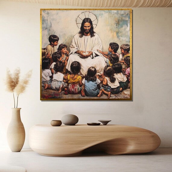 Jesus with Children Gathering Biblical Scene Christian Poster