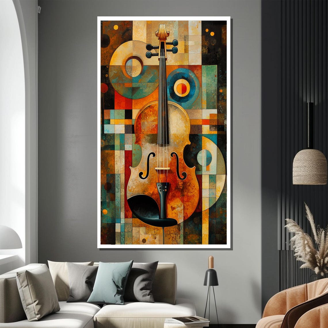 Abstract Geometric Violin in Cubist Mosaic Blocks Modern Art Poster - Image 2