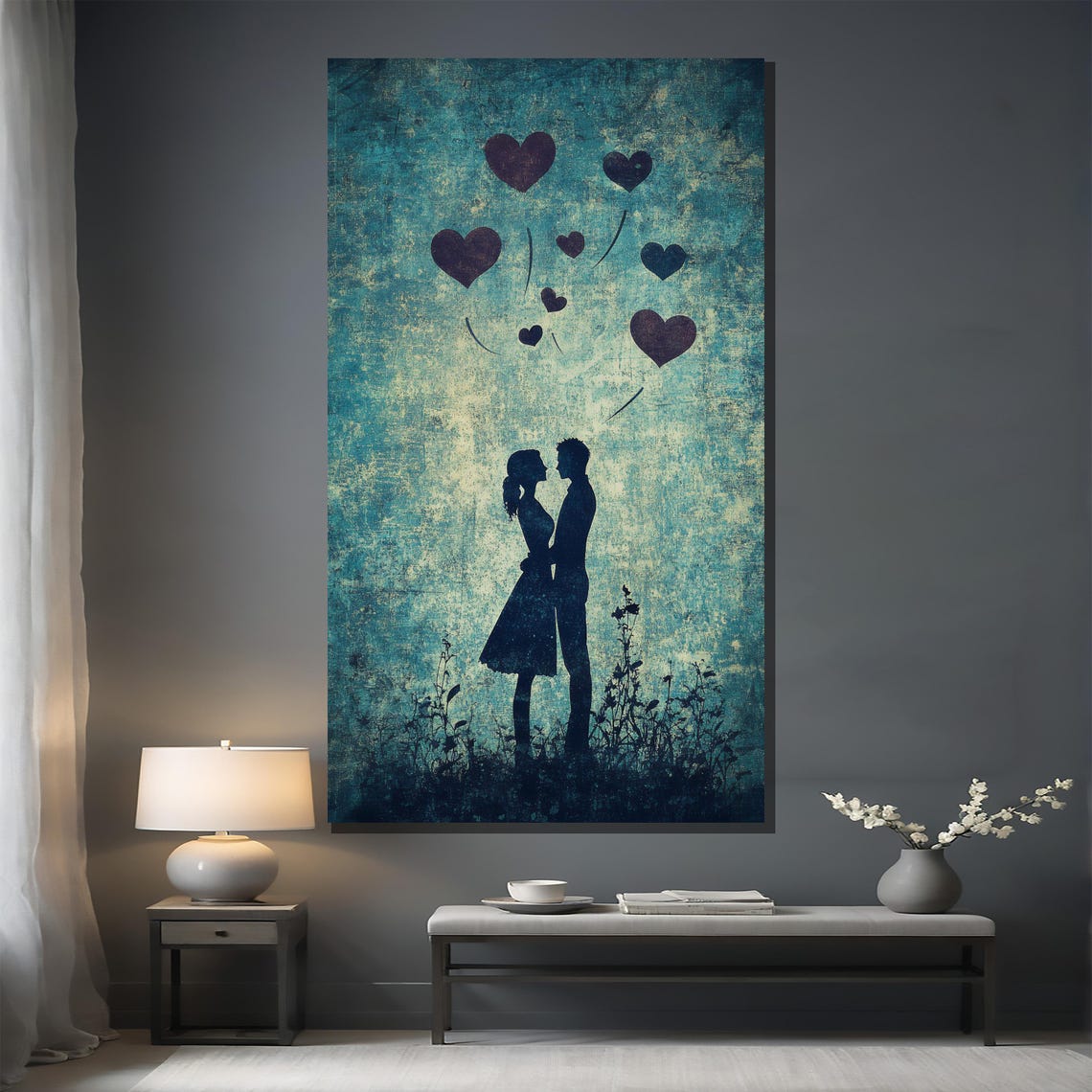 Couple Silhouette With Floating Hearts on Teal Blue Backdrop Poster - Image 2