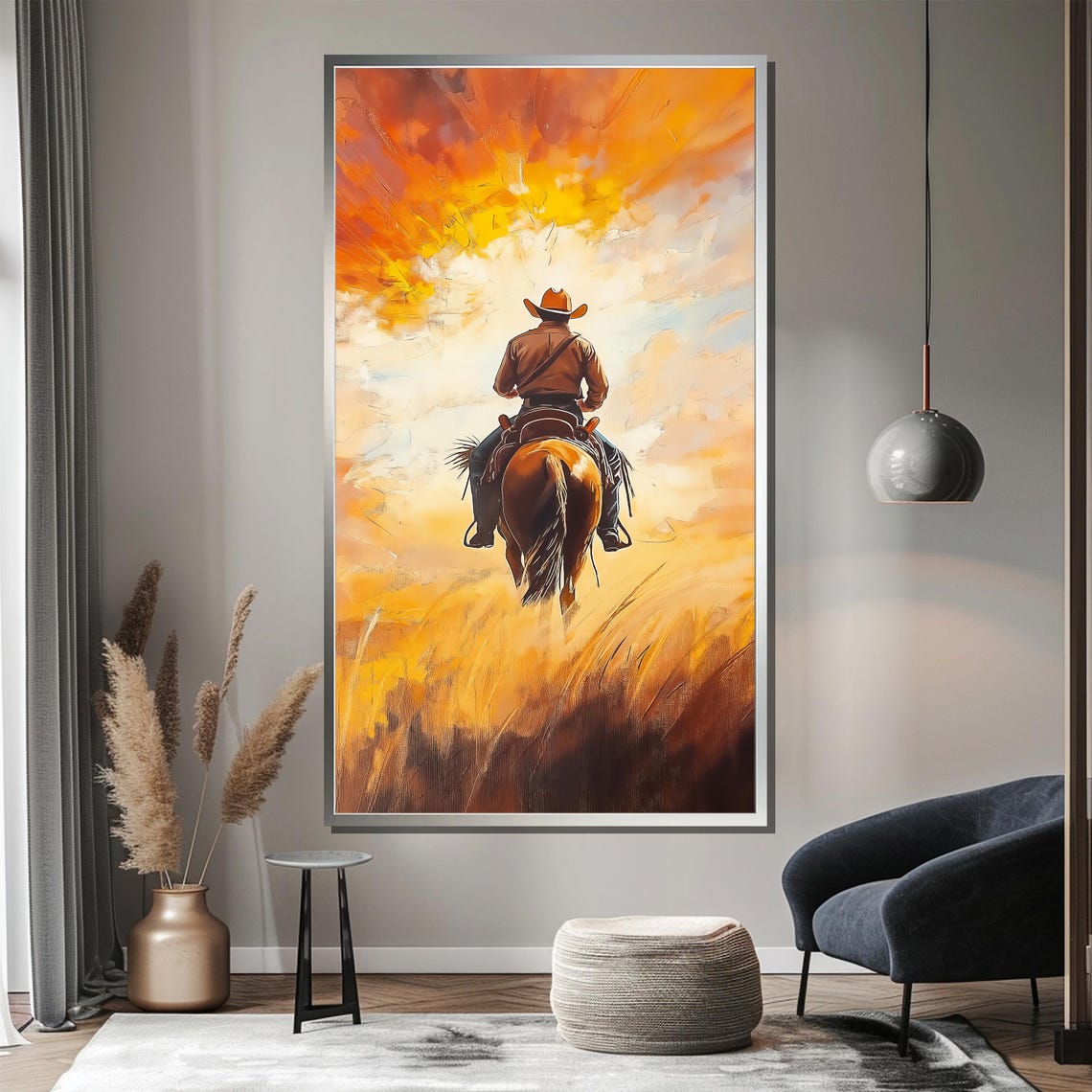Cowboy Riding Into Sunset Horseback Golden Prairie Western Wall Poster - Image 4