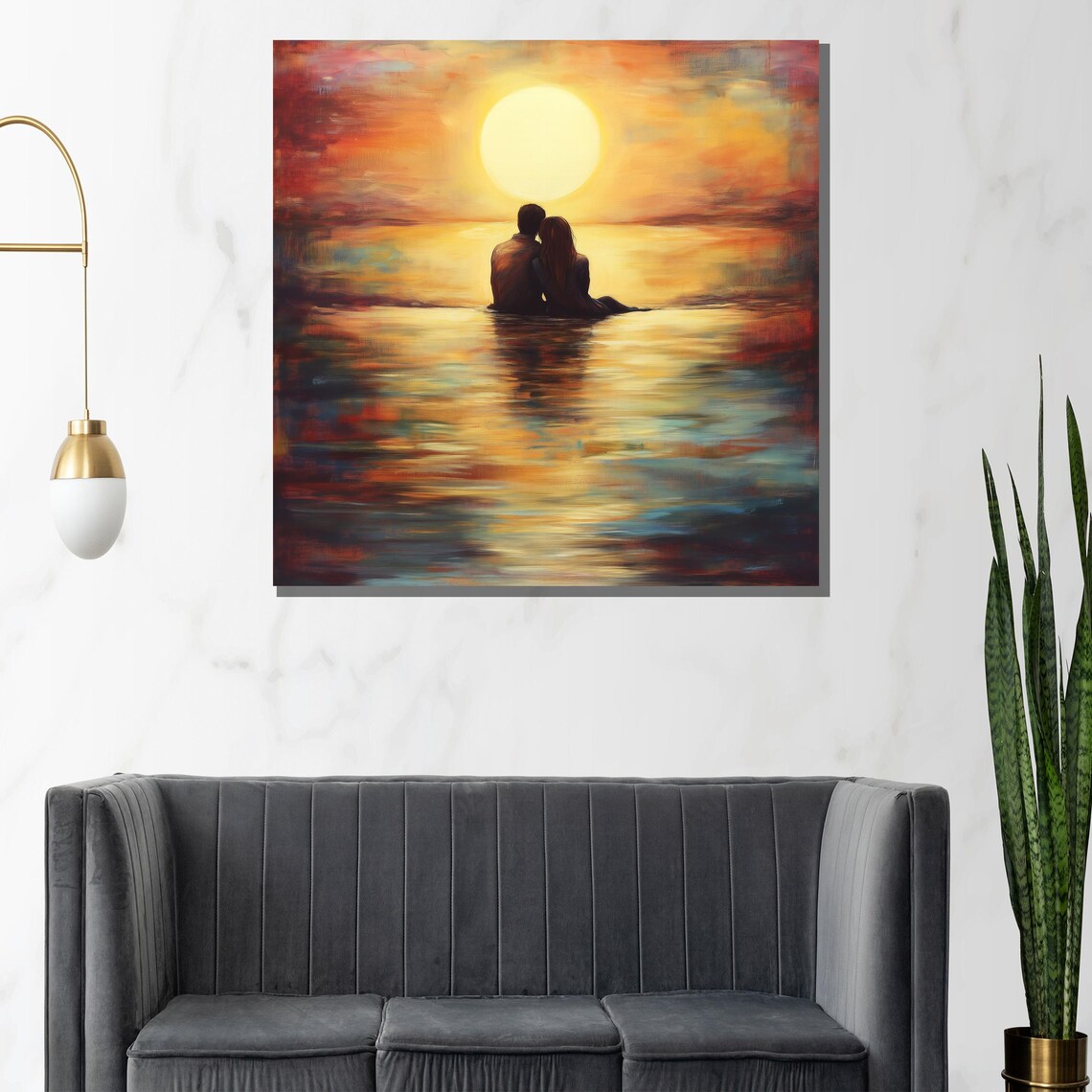 Sunset Beach Couple Seated in Ocean Water Romantic Painting Poster - Image 3