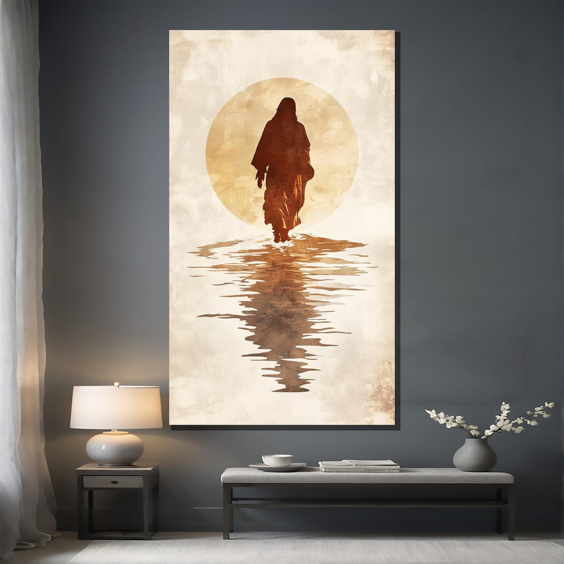 Minimalist Jesus Walking on Water Silhouette Sepia Sun Poster - Image 3