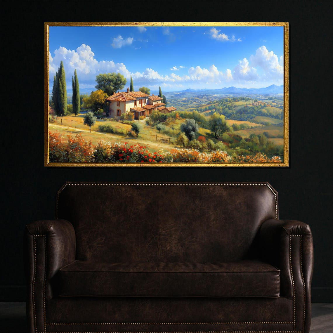 Sunny Tuscan Villa Cypress Trees Red Poppies Landscape Poster