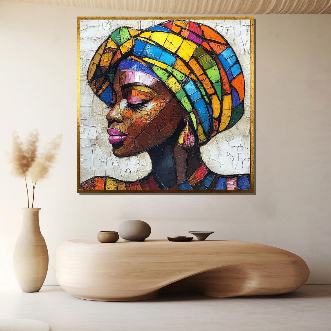 Rainbow Mosaic Woman Portrait on Crackled Ivory Texture Art Poster