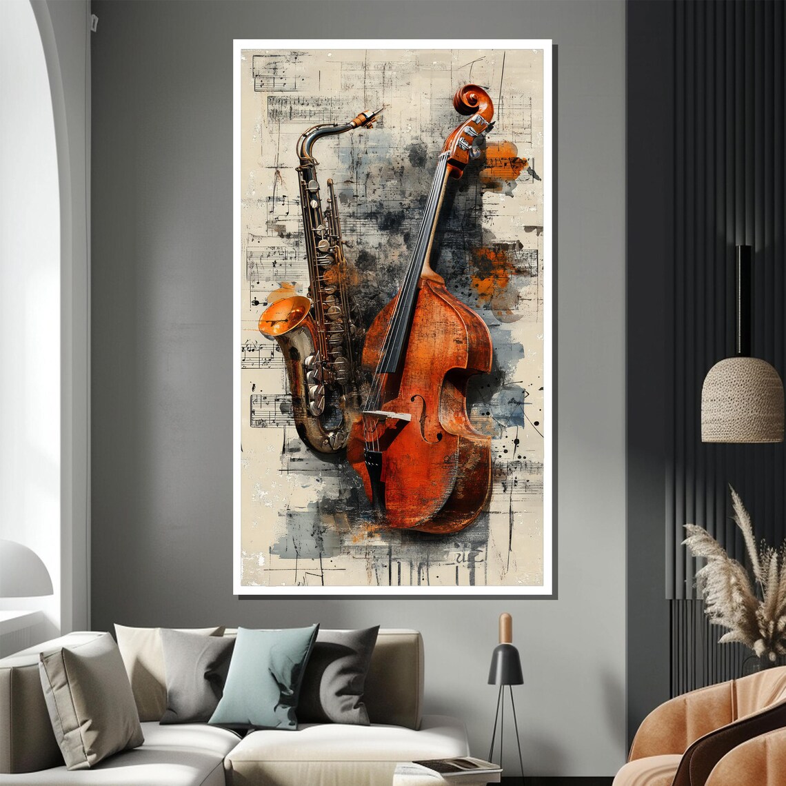 Saxophone and Double Bass in Vintage Sheet Music Style Poster - Image 2