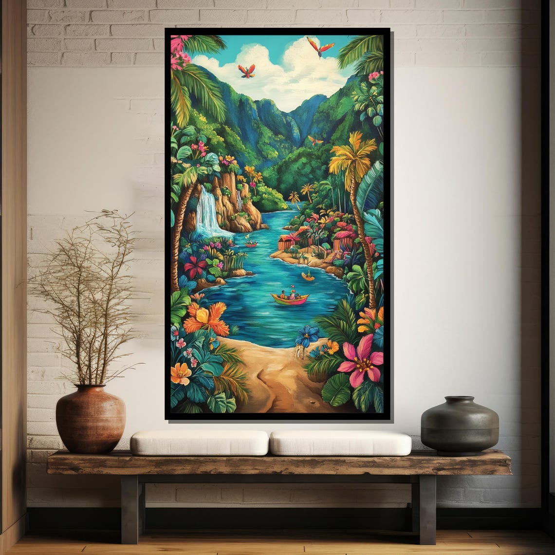 Tropical Paradise River Waterfall Jungle Vibrant Painting Poster - Image 4