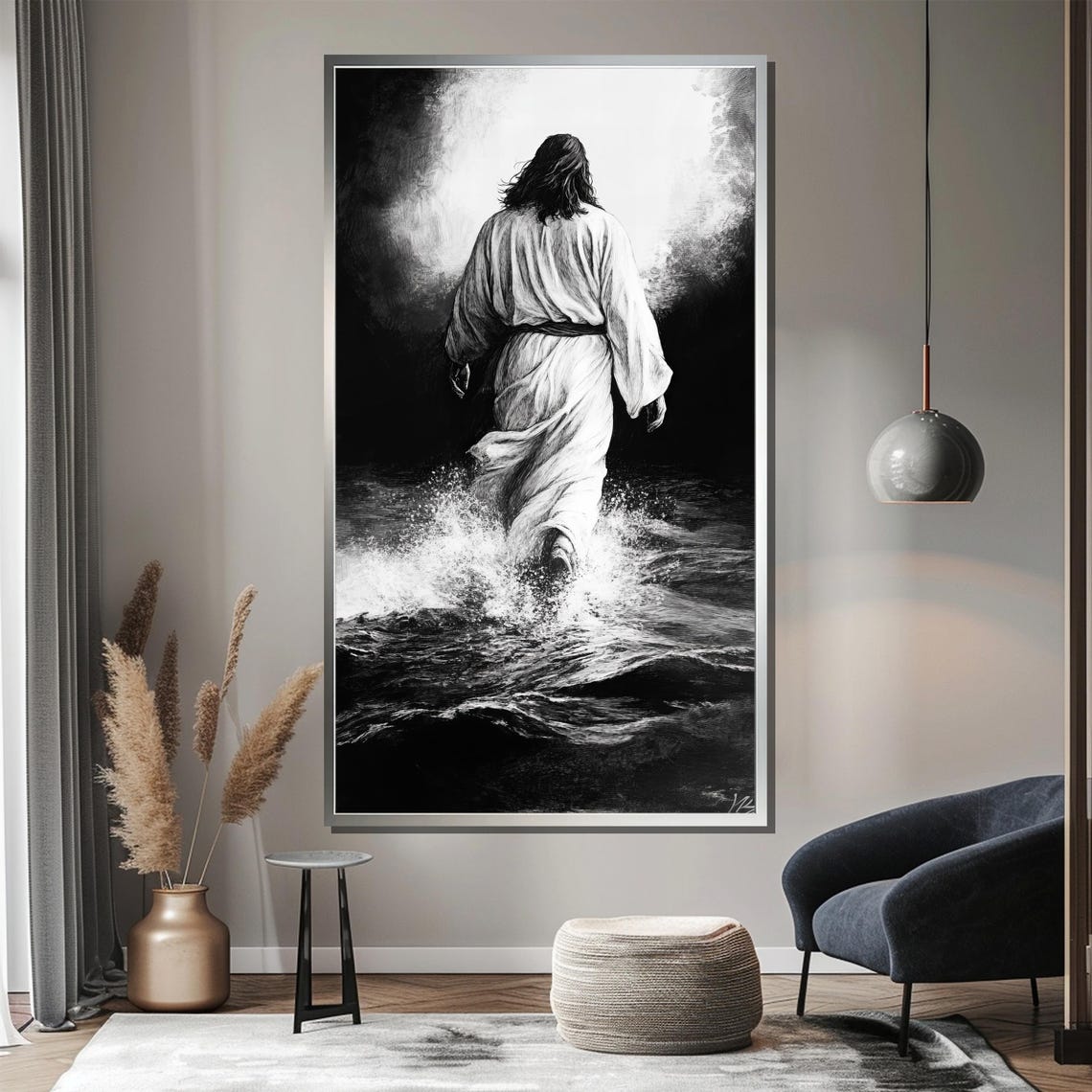 Jesus Walking on Water Black and White Dramatic Stormy Sea Poster - Image 5