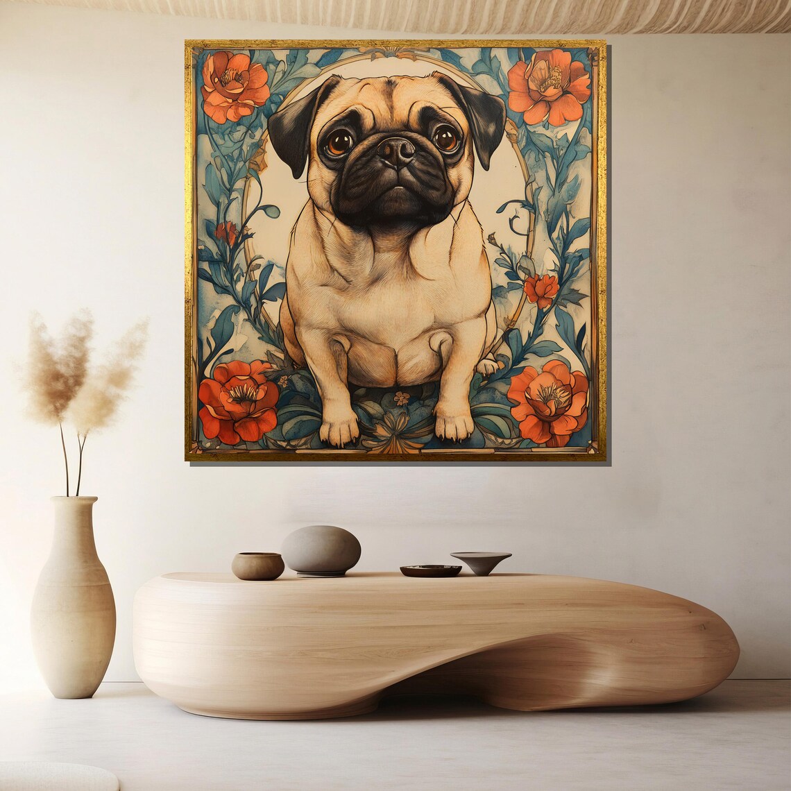 Adorable Pug Puppy Framed By An Art Nouveau Floral Design Poster