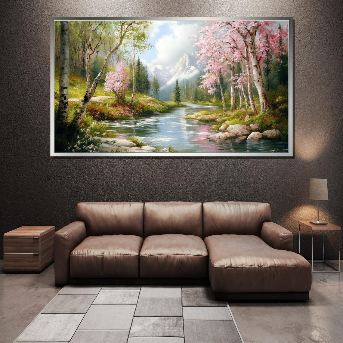 Spring Mountain Stream With Blossoming Trees Painting Stunning Wall Art Gift For White Room And Nature Home Decor - Image 3