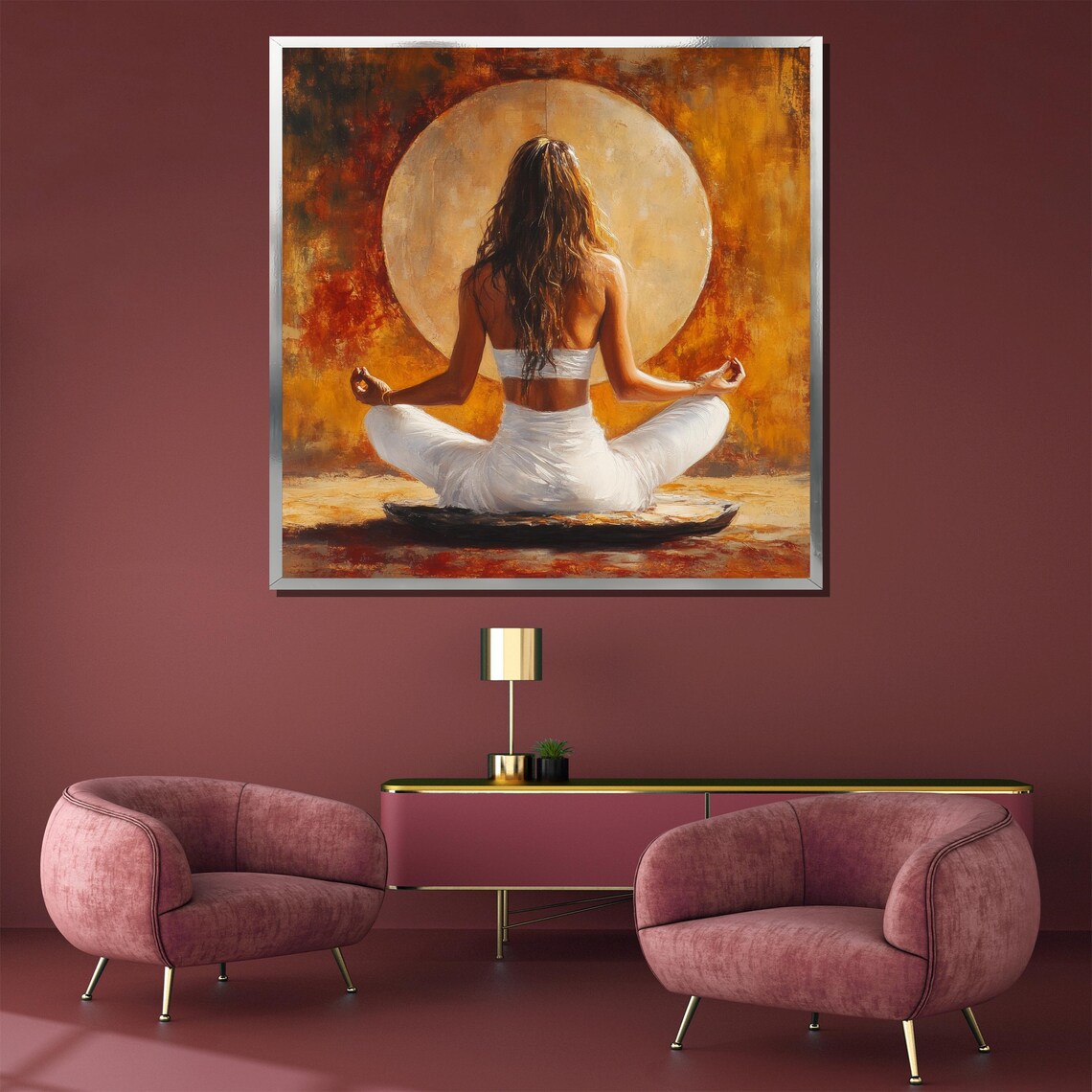 Woman Meditating Before a Golden Sun Oil Painting Style Poster - Image 3