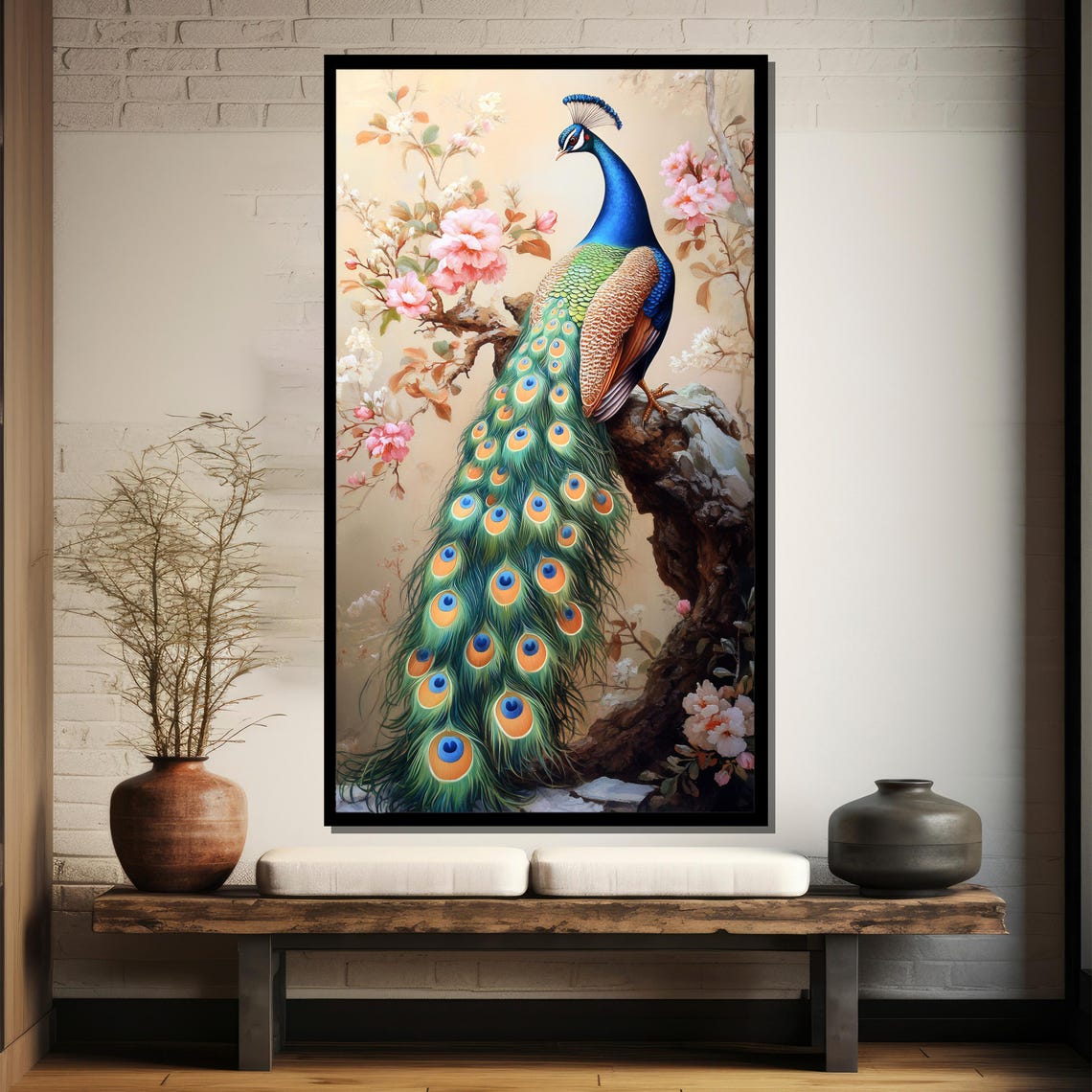 Elegant Peacock Perched On Rock Cherry Blossom Vertical Poster - Image 4