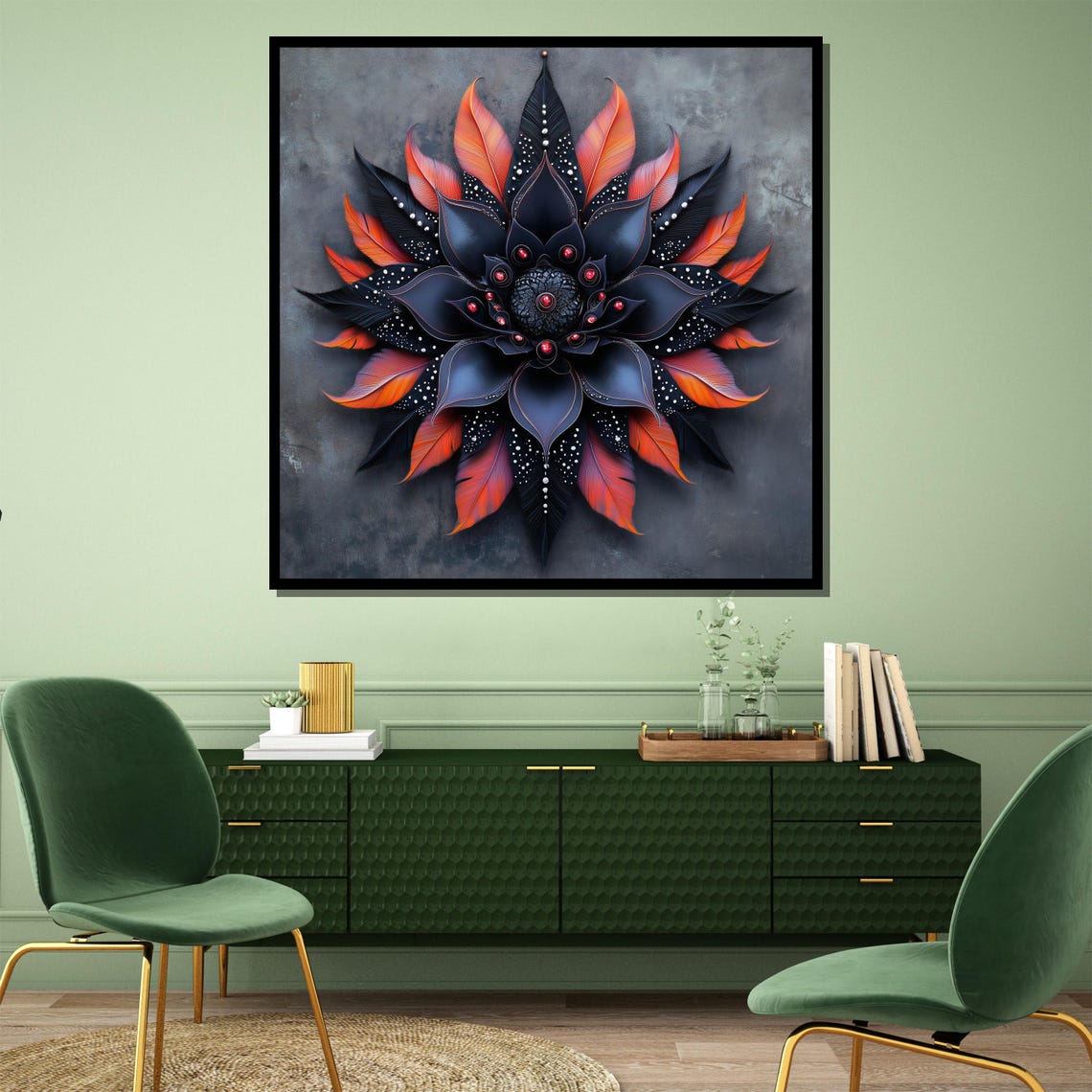 Black And Fiery Red Mandala Bloom Abstract Floral Art Poster - Image 4