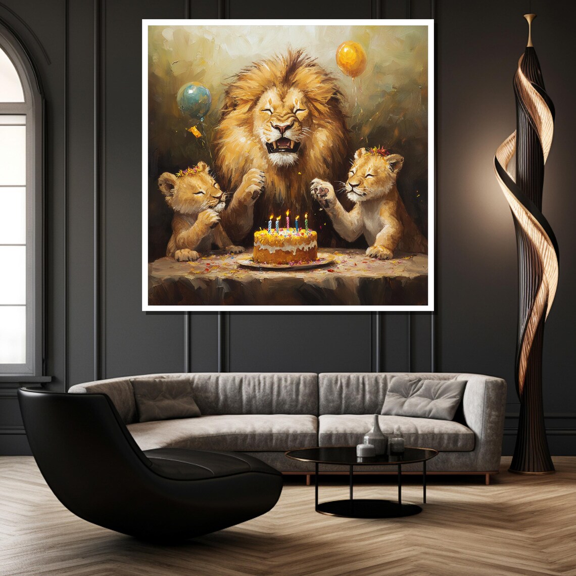 Lion Family Birthday Party Cake Balloons Cute Kids Room Poster - Image 2