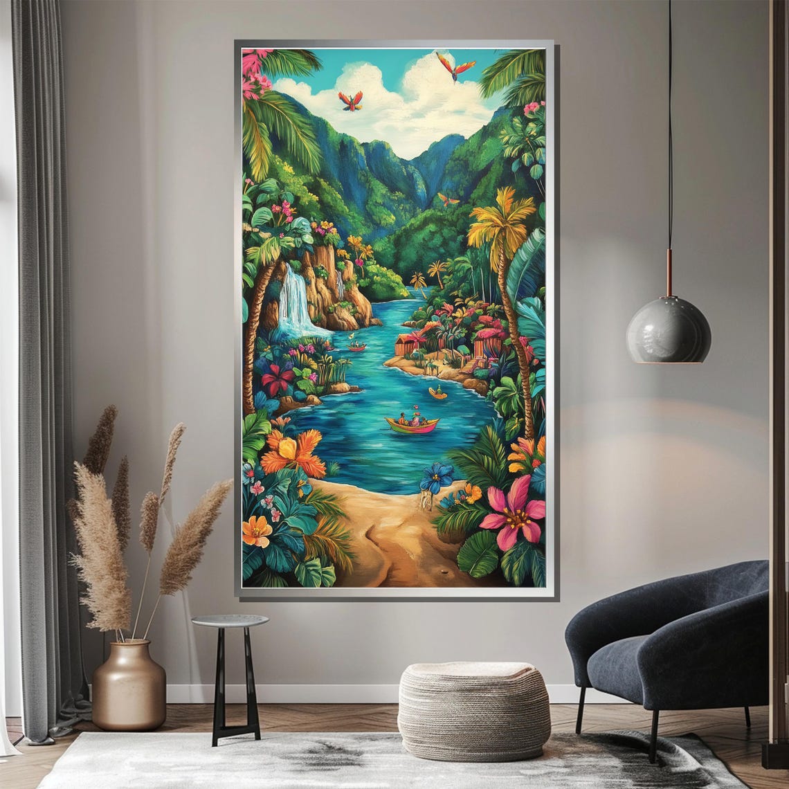 Tropical Paradise River Waterfall Jungle Vibrant Painting Poster - Image 3