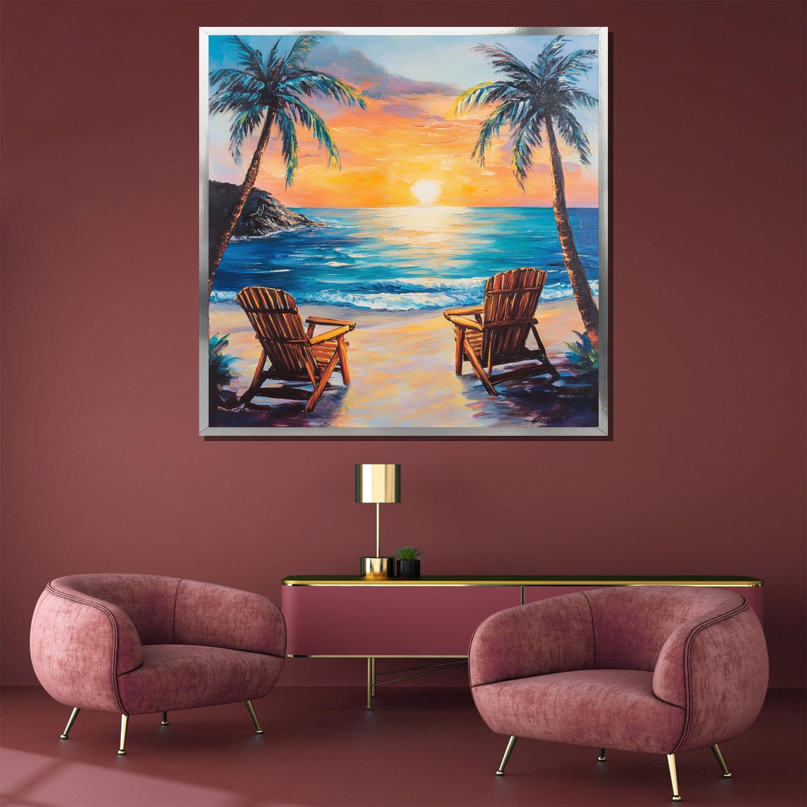 Beach Sunset With Adirondack Chairs Palms Ocean Romance Poster - Image 3