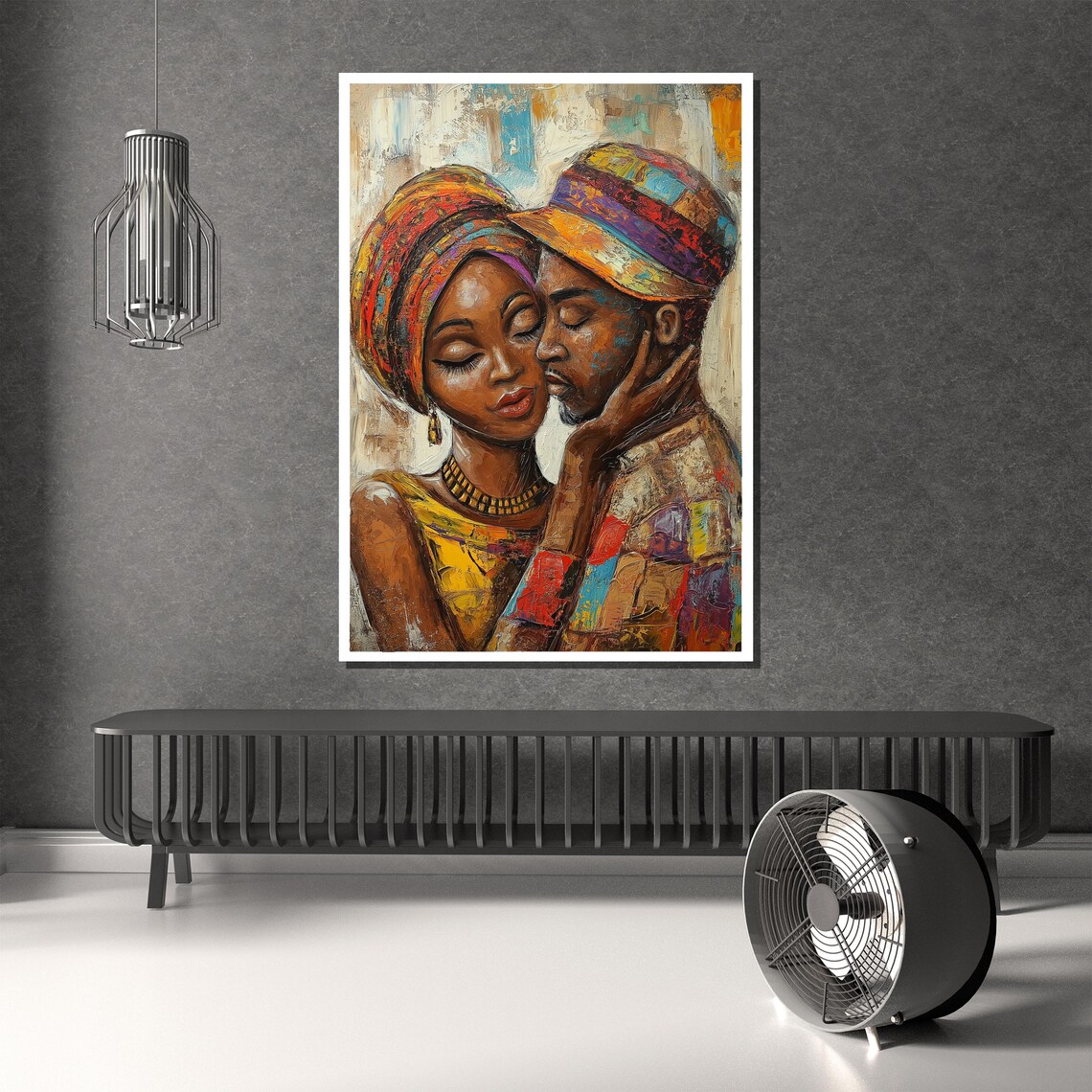 Loving African Couple in Tender Embrace Warm Textured Oil Art Poster - Image 2