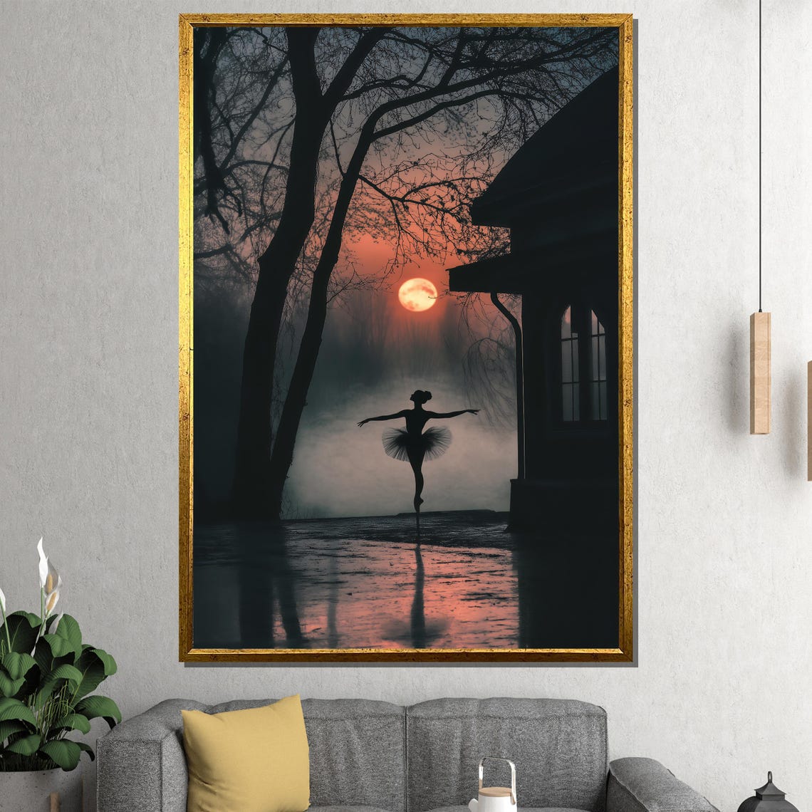 Ballerina Silhouette Dancing at Sunset Reflected on Water Poster