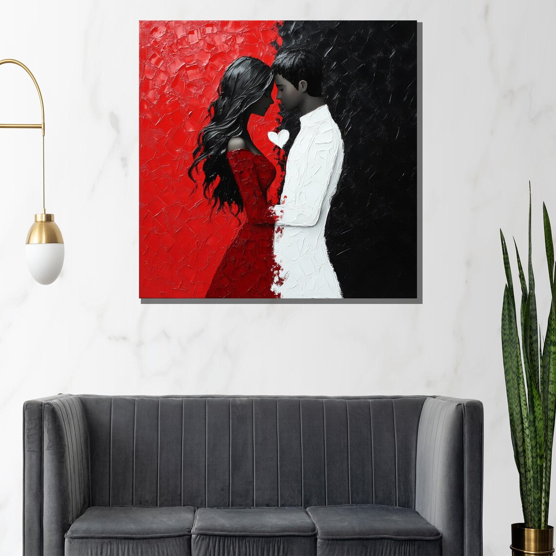 Red And Black Passionate Couple Textured Love Painting Art Poster - Image 2