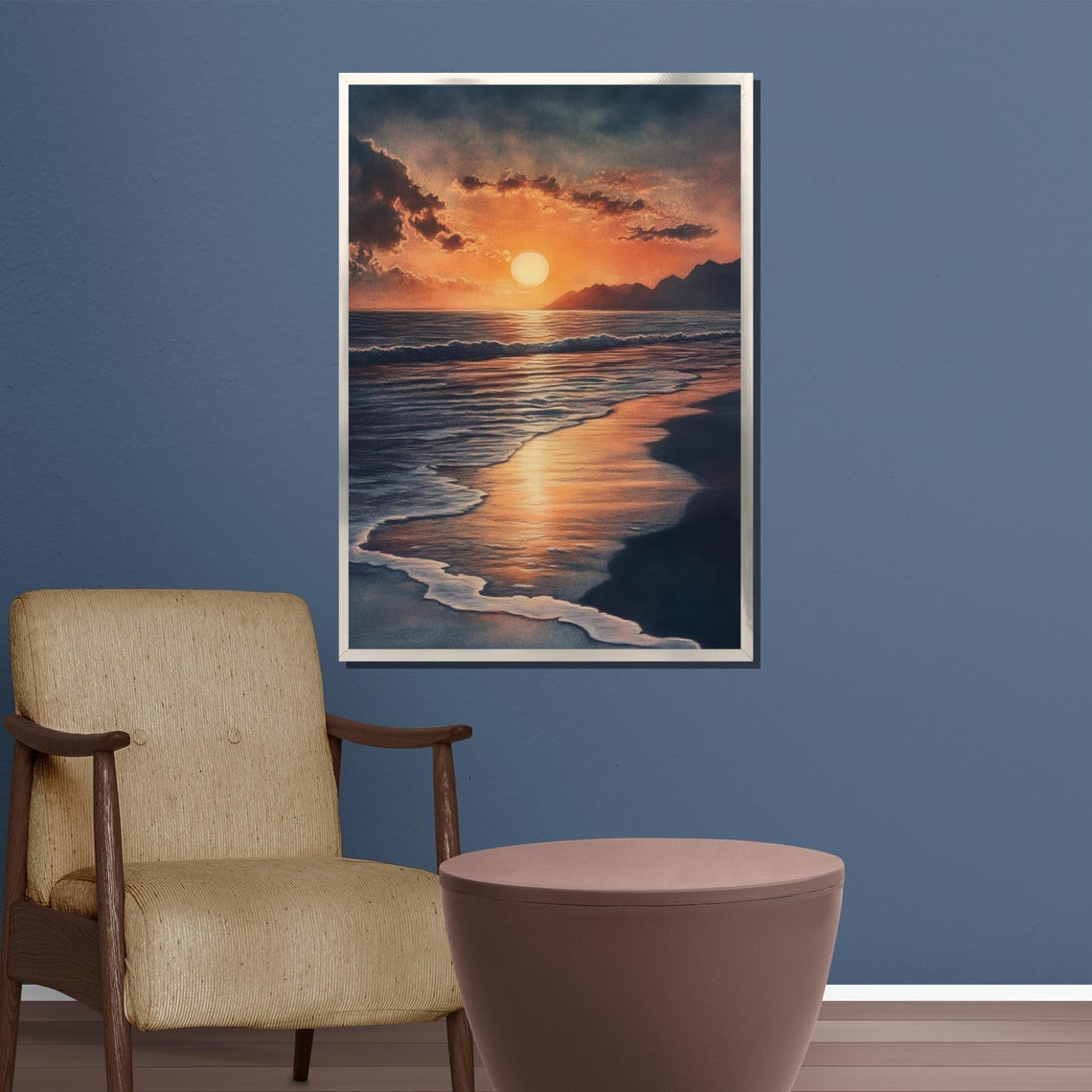 Sunset Beach Waves With Golden Orange Sky Tranquil Ocean Poster - Image 3