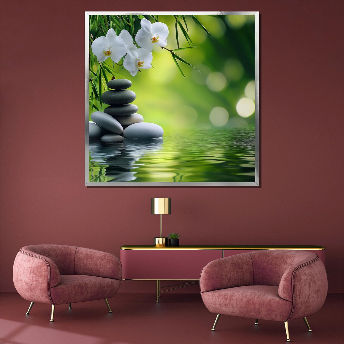 White Orchids and Zen Stones Over Calm Water in Nature Poster - Image 3