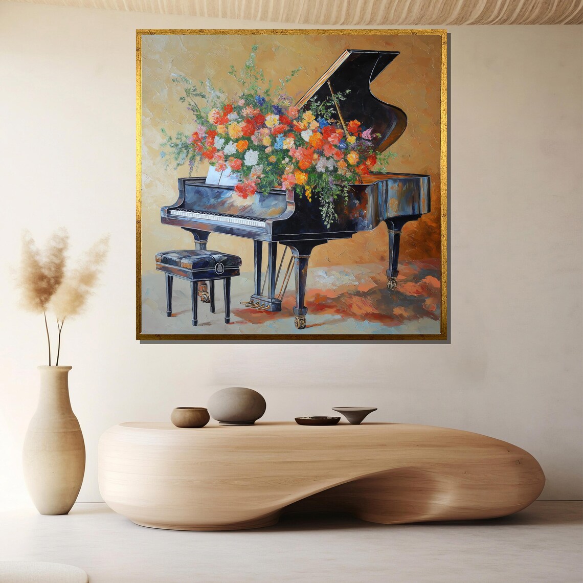 Grand Piano Overflowing With Colorful Flowers Painting Poster