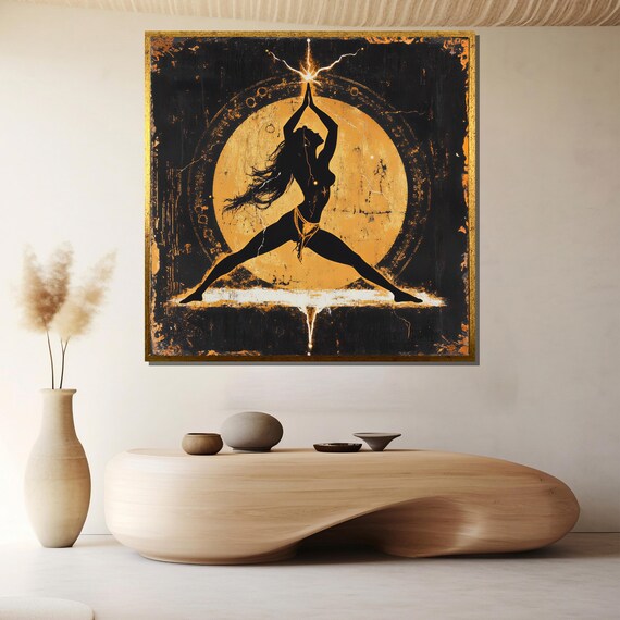 Golden Warrior Yoga Pose Sunburst Black Gold Spiritual Wall Poster