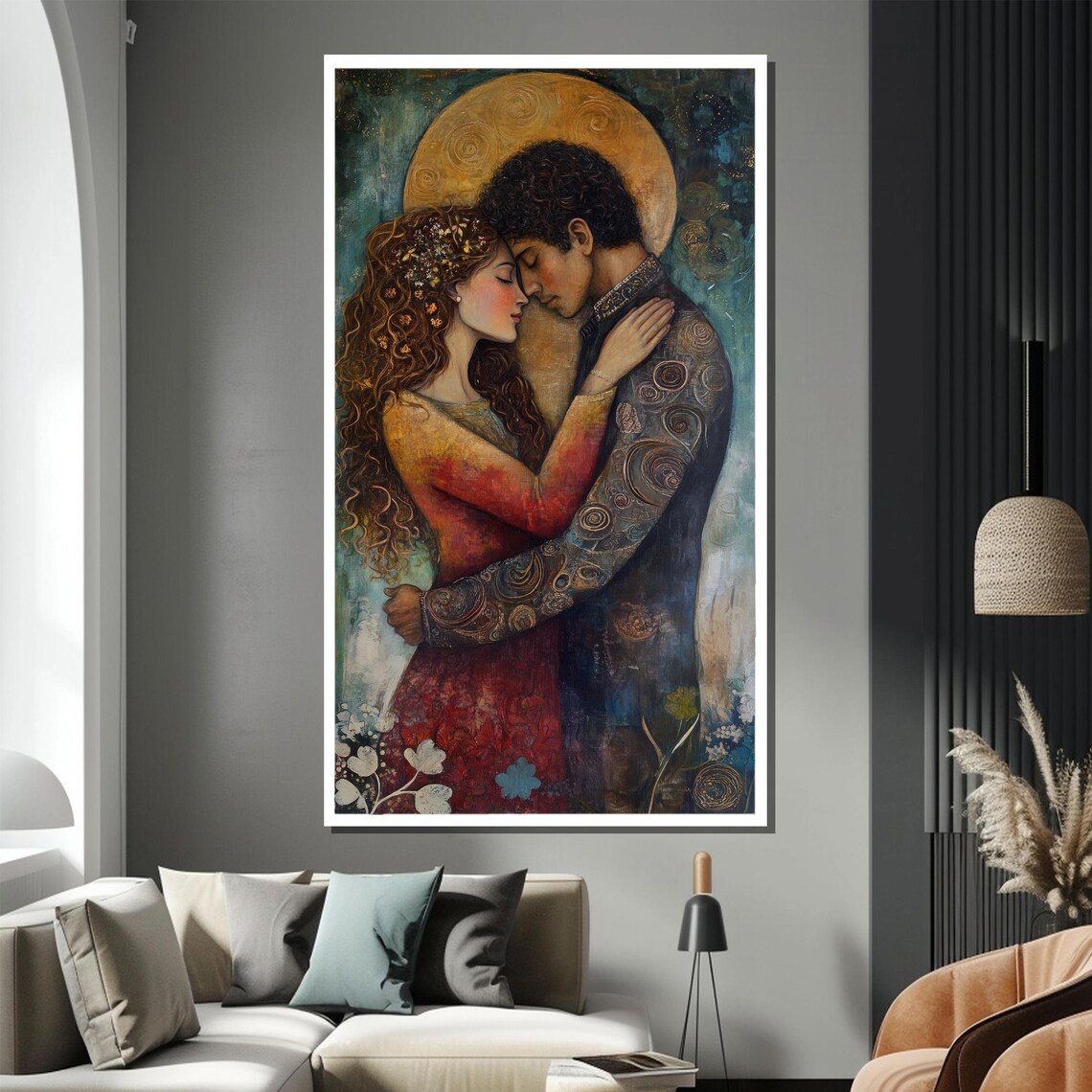 Bohemian Romantic Embrace Golden Halo Soulful Painting Poster - Image 3