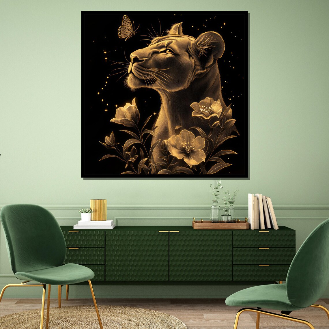 Golden Lioness Among Golden Flowers Regal Luxury Wildlife Poster - Image 4