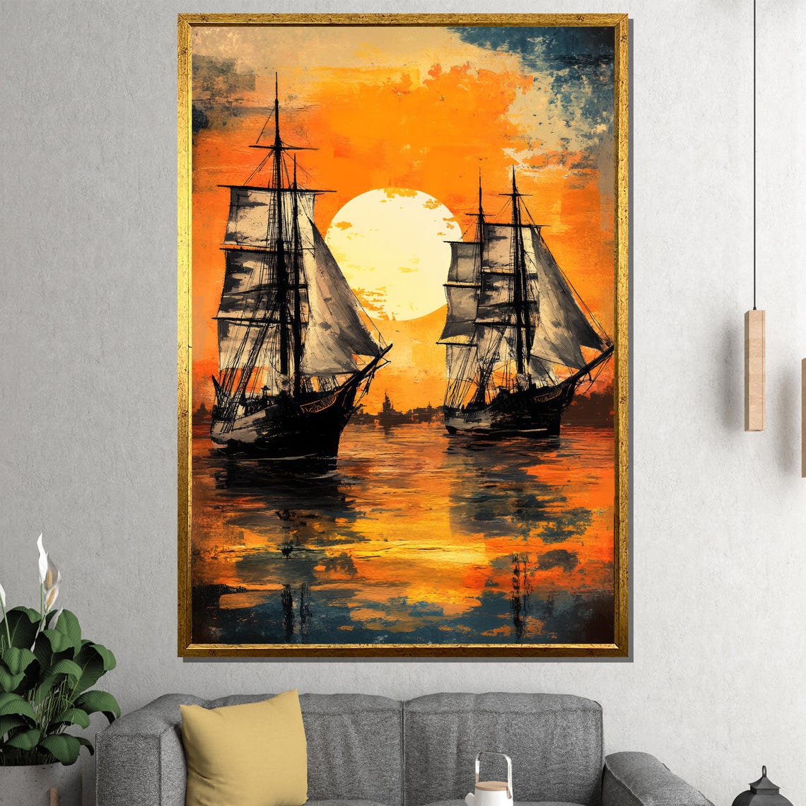Tall Sailing Ships At Golden Sunset Ocean Nautical Art Poster