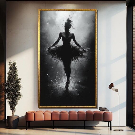 Black and White Ballerina Silhouette in Dramatic Splash Paint Art Poster