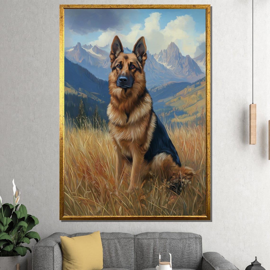German Shepherd Sitting in a Wheat Field with Mountains Poster
